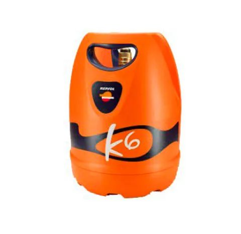 Un cilindro de gas naranja con el número k6.