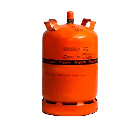 Un cilindro de gas naranja grande con la palabra propano escrita en él.