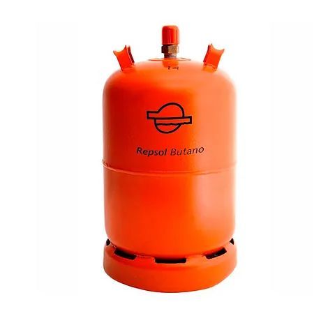 Un cilindro de gas naranja que dice repsol sutado.