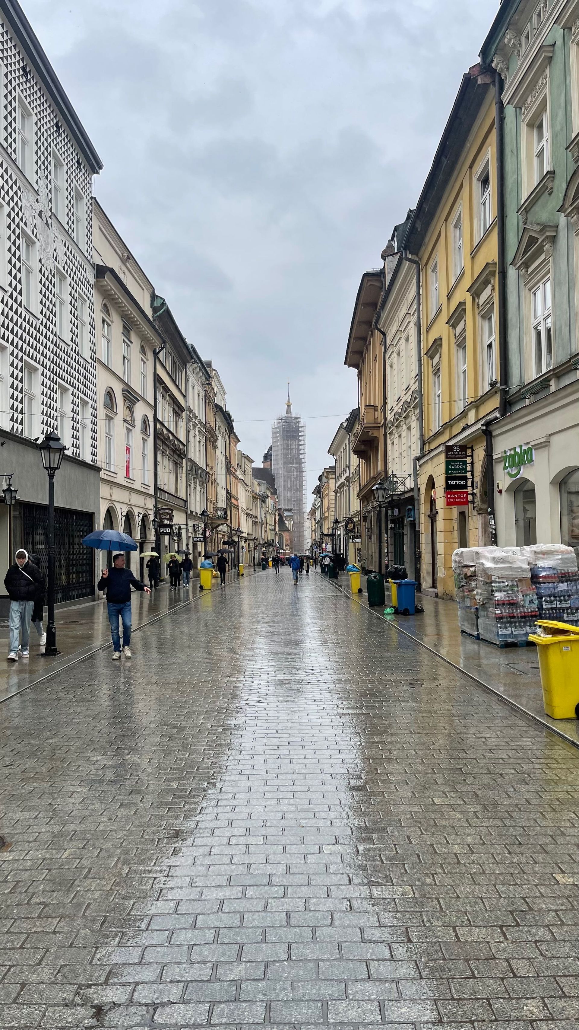 Wet, cobblestone street in a city