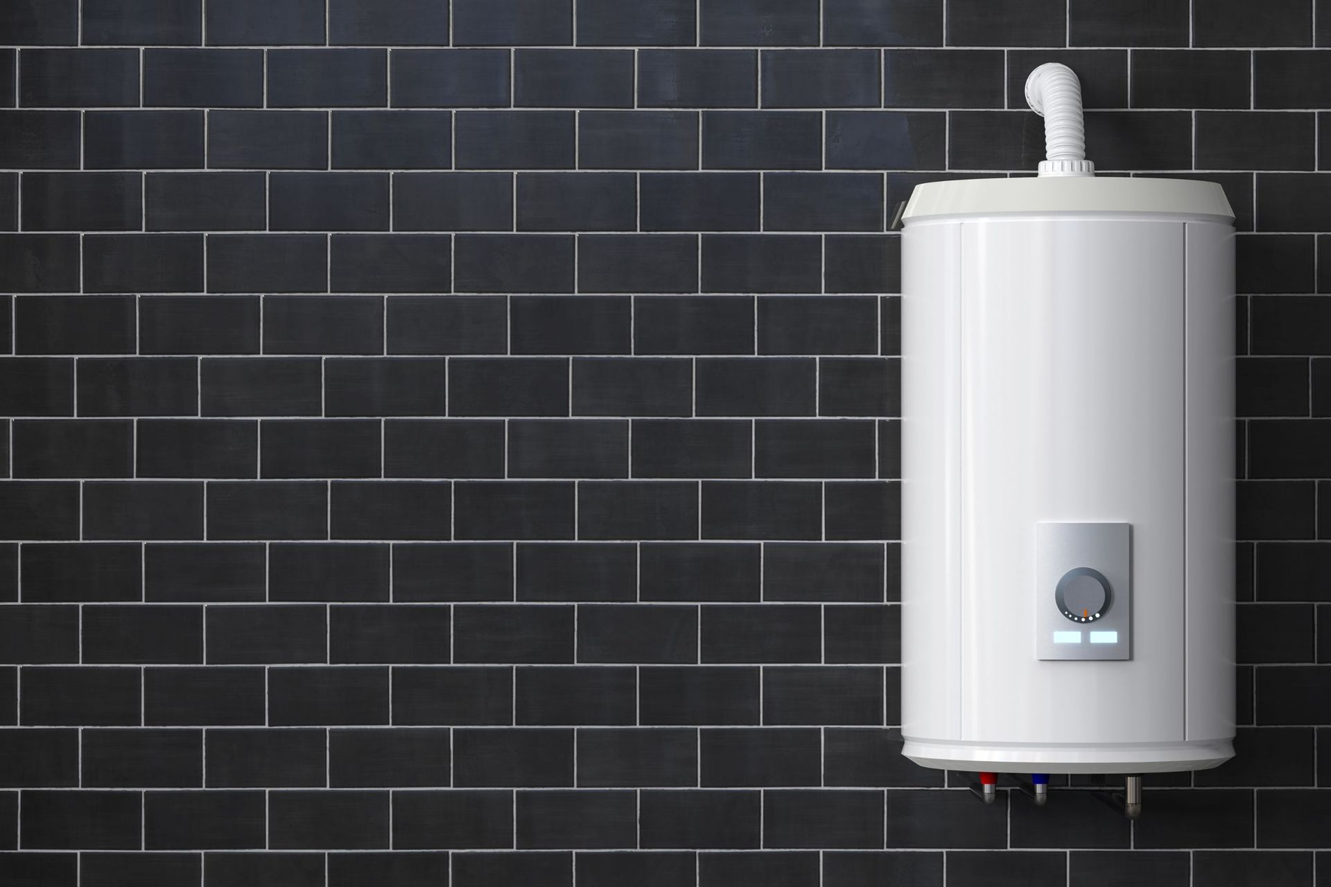 Un calentador de agua blanco está colgado en una pared de ladrillos negros.