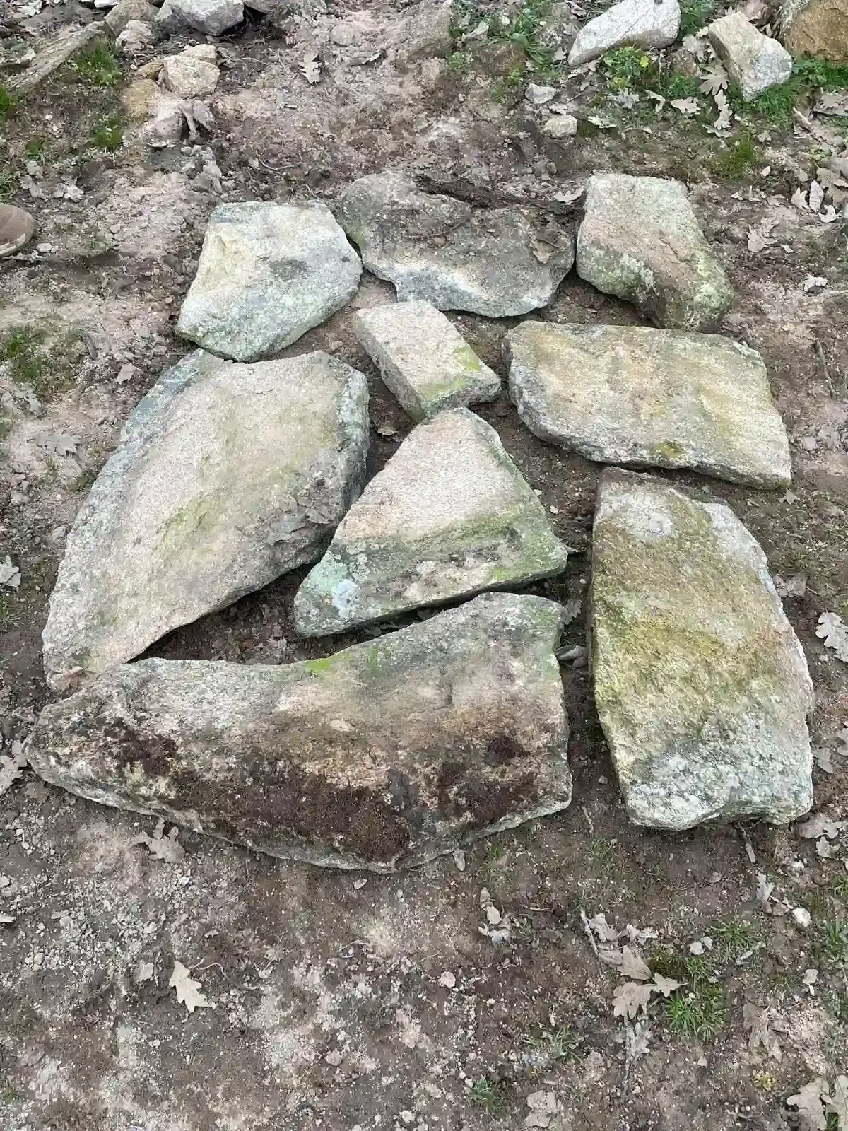 Varias piedras planas dispuestas en un patrón circular irregular sobre el suelo desnudo.