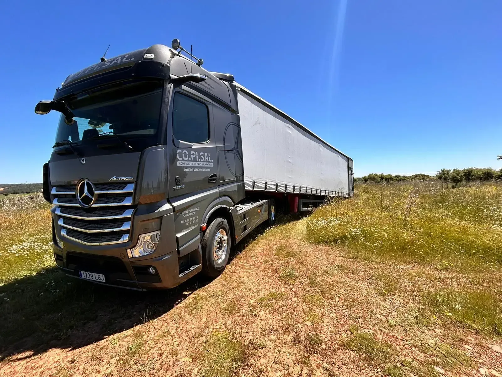 Un camión Mercedes de color gris oscuro estacionado en un camino de tierra cubierto de hierba bajo un cielo azul brillante.