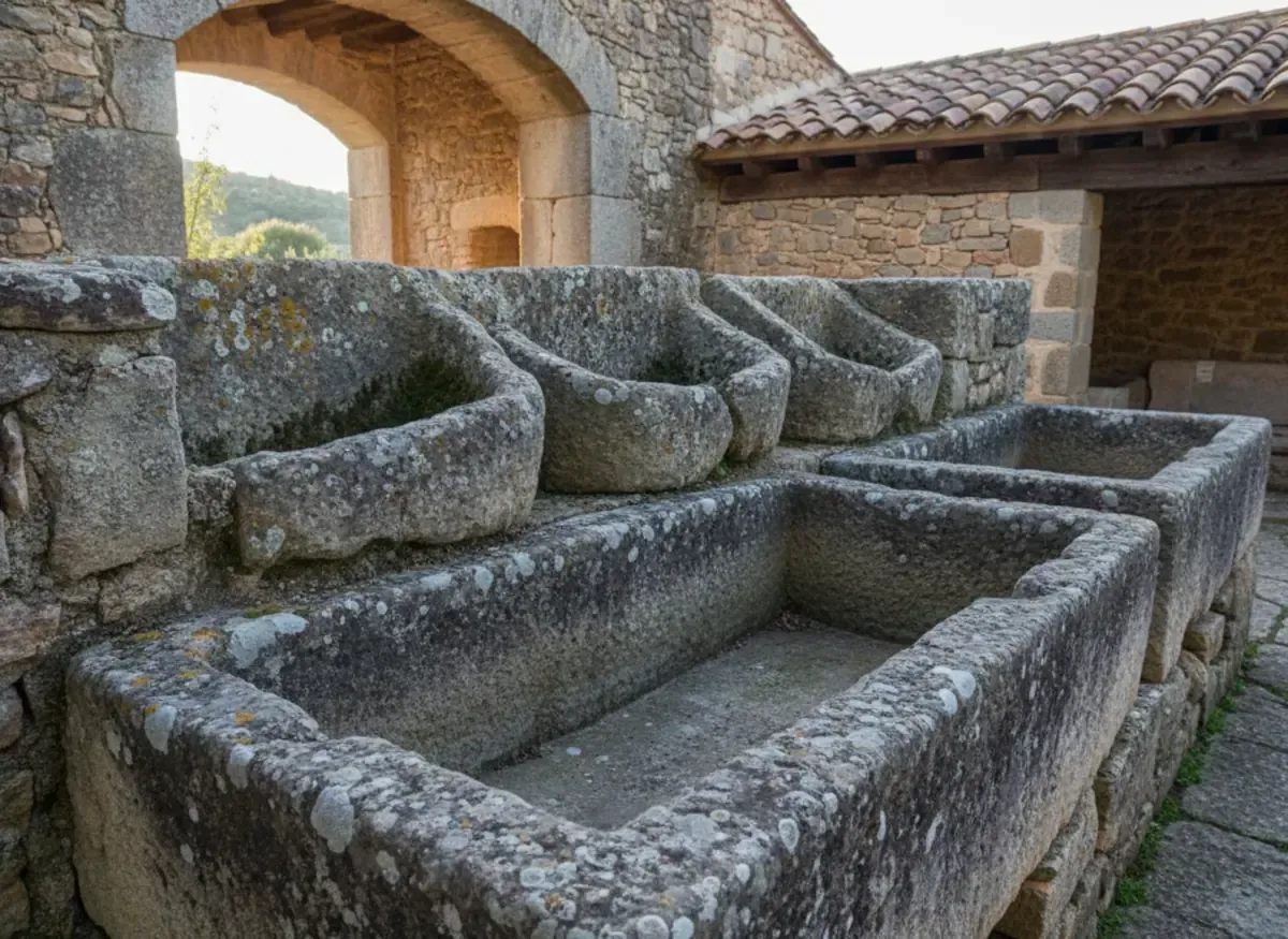Fuente exterior de piedra con estanques escalonados junto a un edificio arqueado y tejado de tejas.