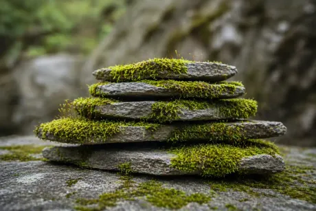 Piedras planas apiladas con musgo verde en un entorno de jardín exterior difuminado.