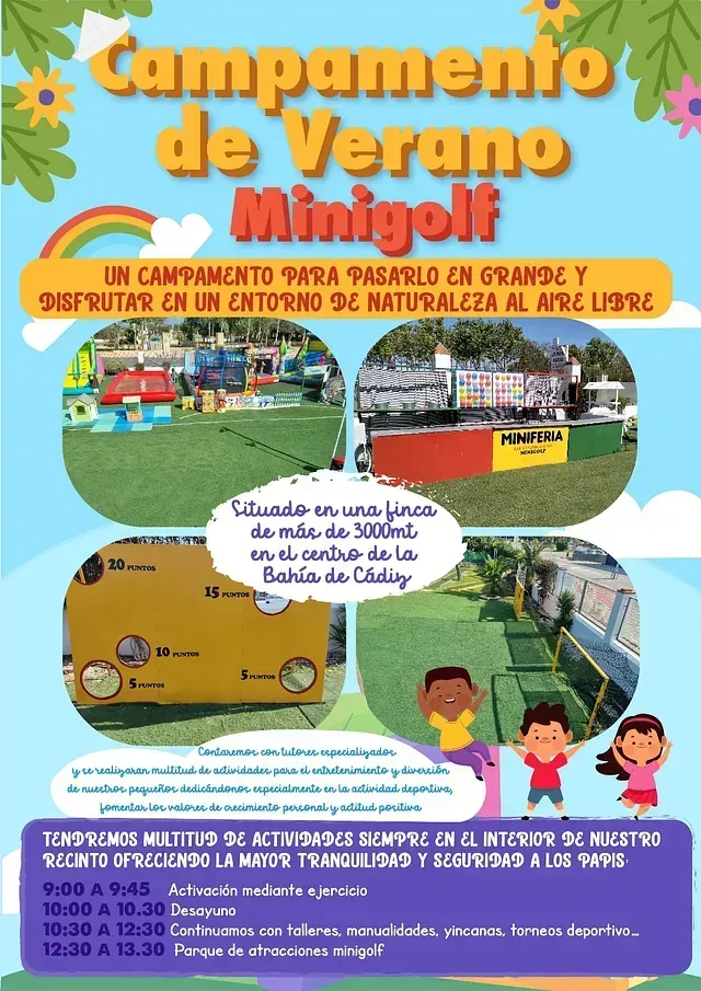 An advertisement for campamento de verano minigolf in spanish