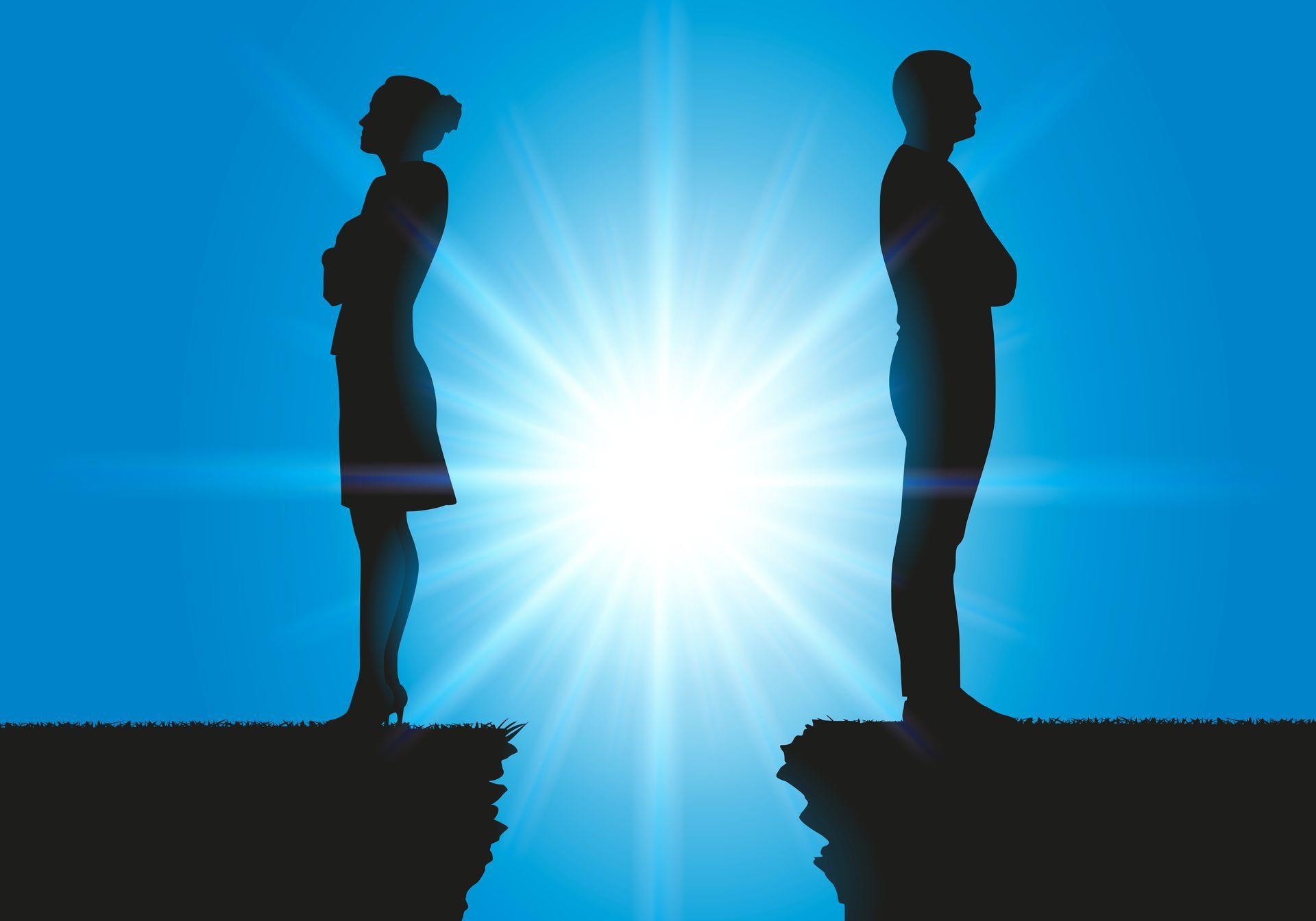 Silhouettes à contre-jour d'une femme et d'un homme se tournant le dos avec un fossé entre eux.