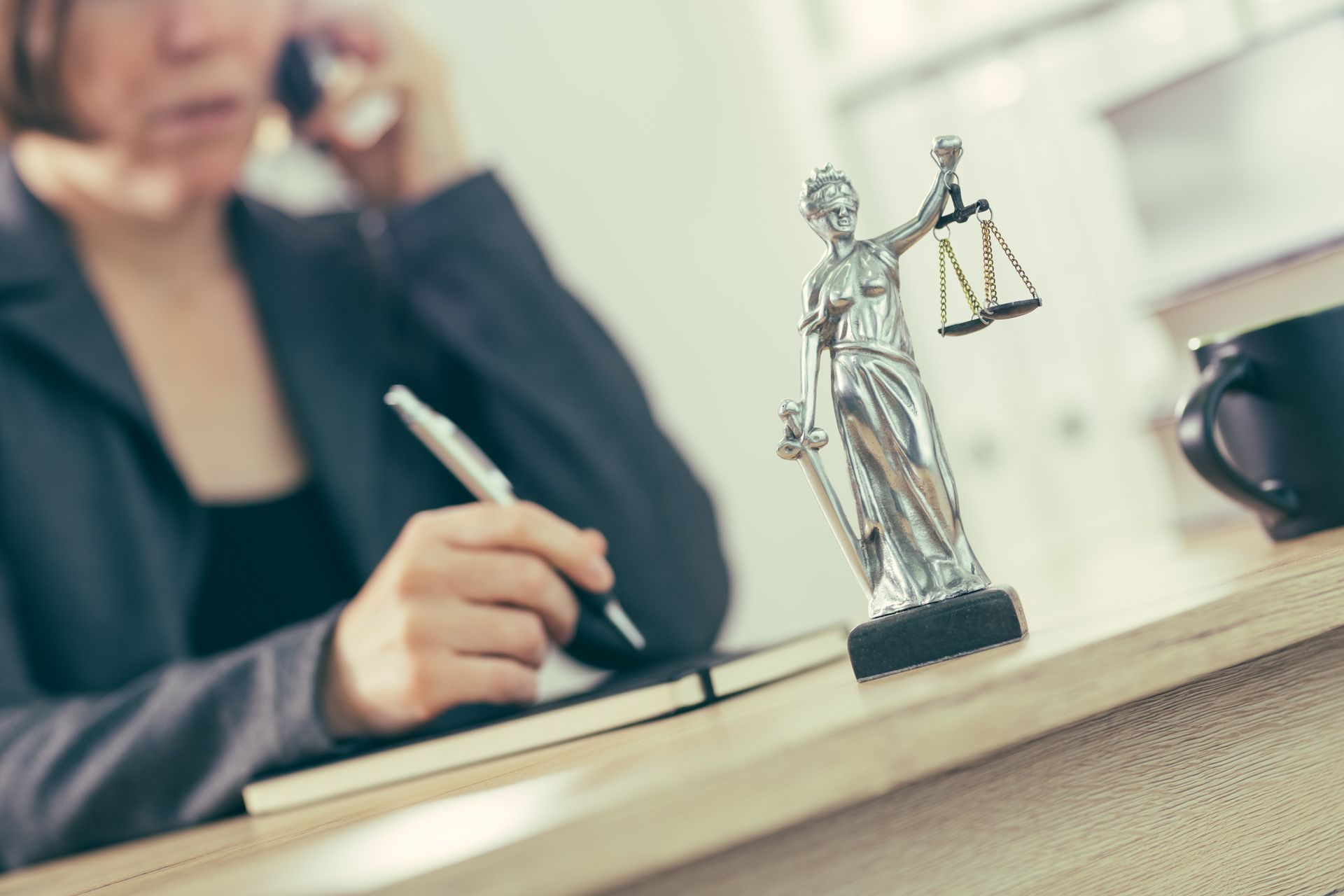 Une femme de loi au téléphone et écrivant à son bureau.