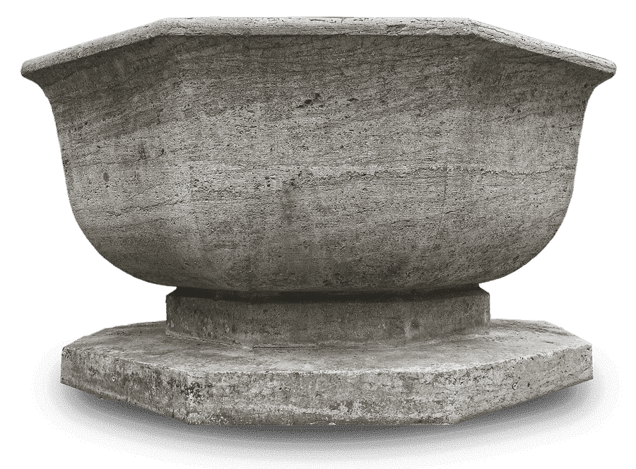Jardinière octogonale en béton gris sur une base octogonale assortie.