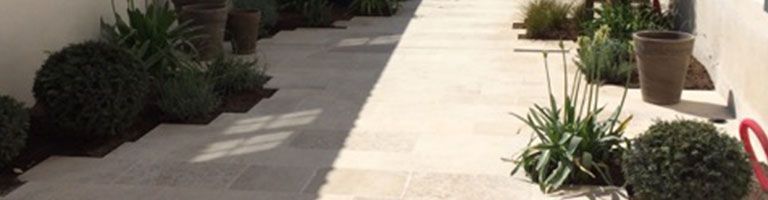 Allée en pierre bordée de plantes. De grands pots, des arbustes et des plantes ressemblant à des agaves ornent les parterres.