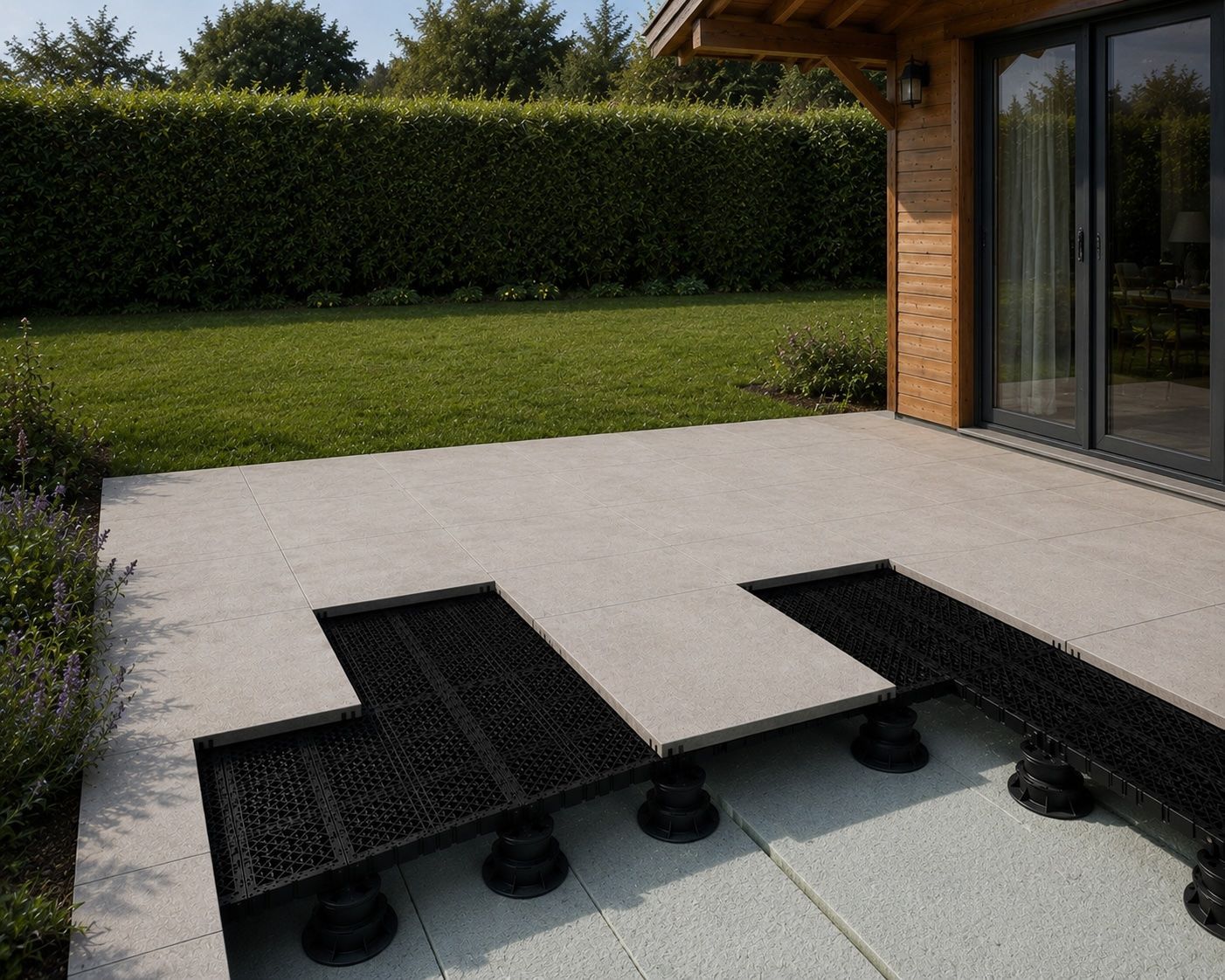 Une grande terrasse plate sur le toit, avec un sol gris, une balustrade en verre et deux bâches blanches enroulées posées au sol.