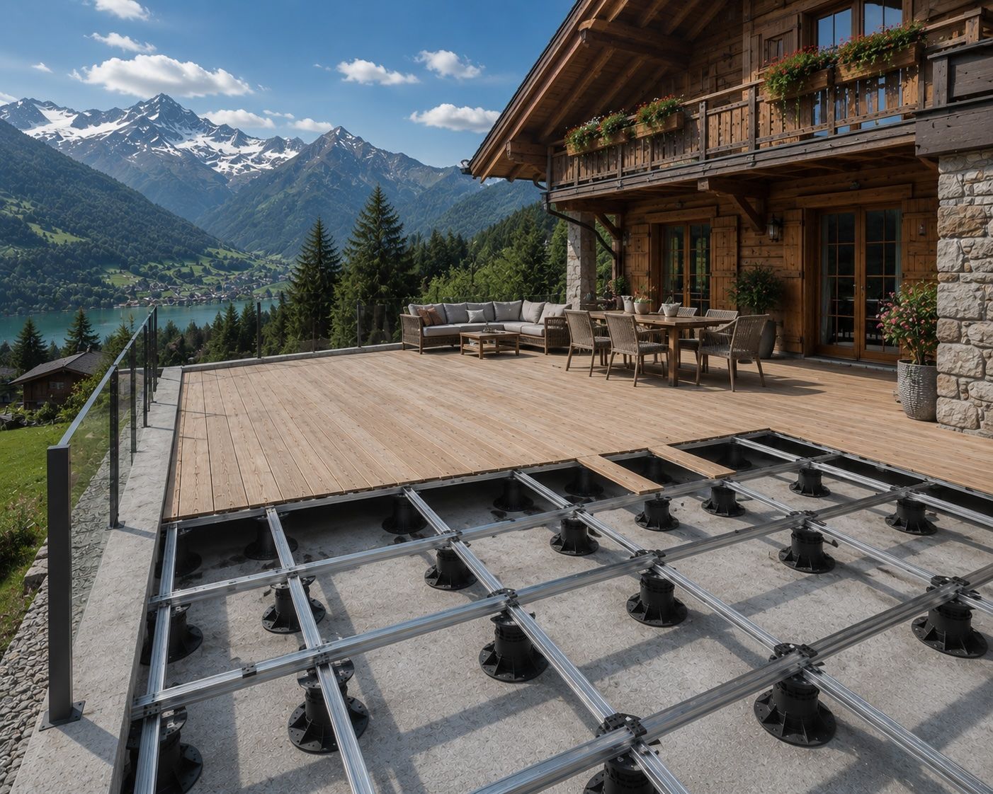 Une grande terrasse plate sur le toit, avec un sol gris, une balustrade en verre et deux bâches blanches enroulées posées au sol.
