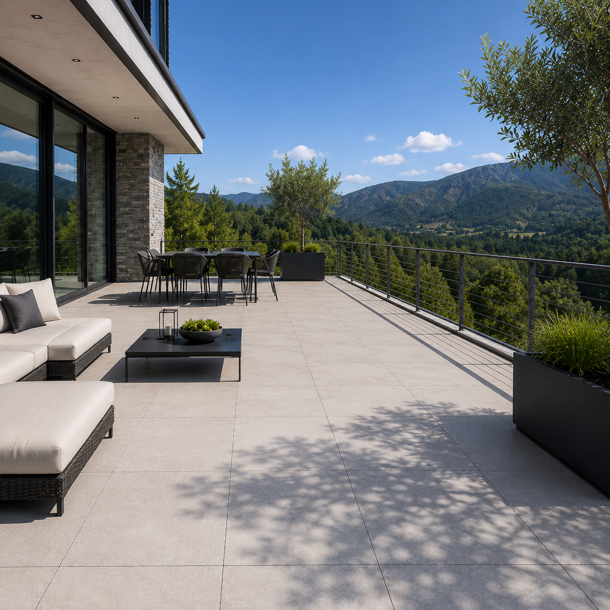 Une grande terrasse plate sur le toit, avec un sol gris, une balustrade en verre et deux bâches blanches enroulées posées au sol.