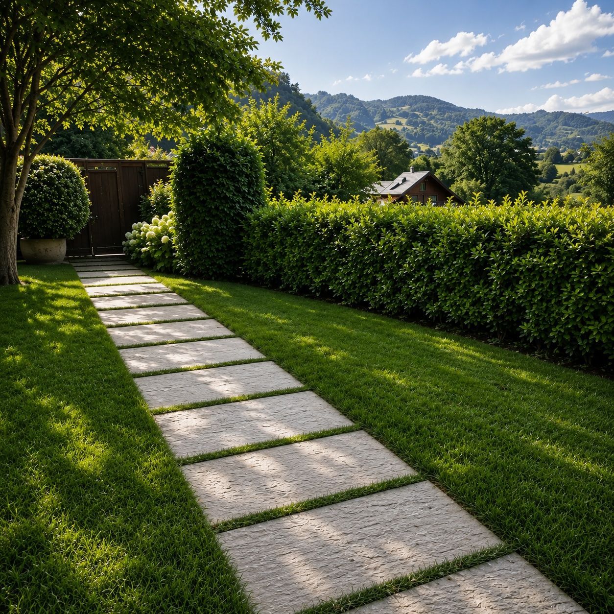 Un patio au sol carrelé de couleur claire menant à une zone plus sombre et texturée près d'un bâtiment doté de stores extérieurs horizontaux.