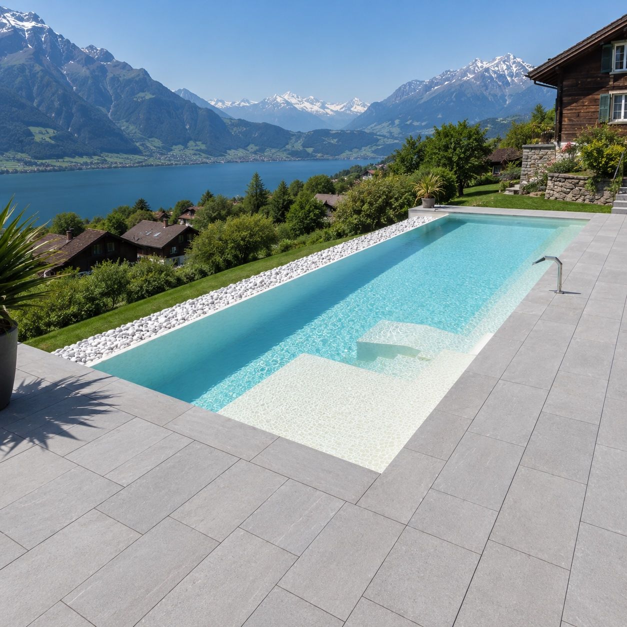 Une terrasse carrelée en pierre se trouve devant une maison moderne dotée de grandes portes coulissantes en verre, jouxtant un jardin recouvert de paillis.