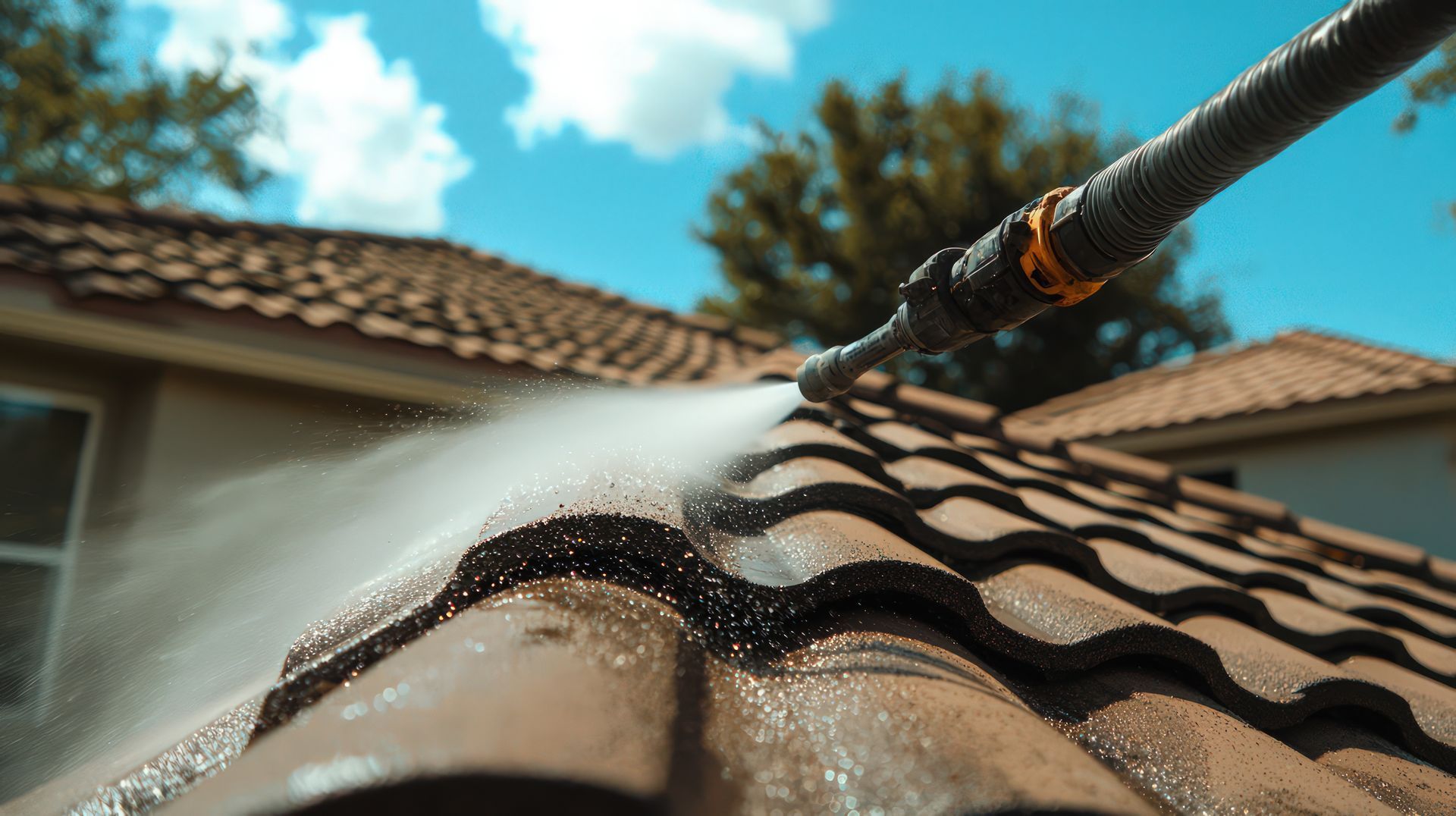Nettoyage à haute pression d'un toit de tuiles.