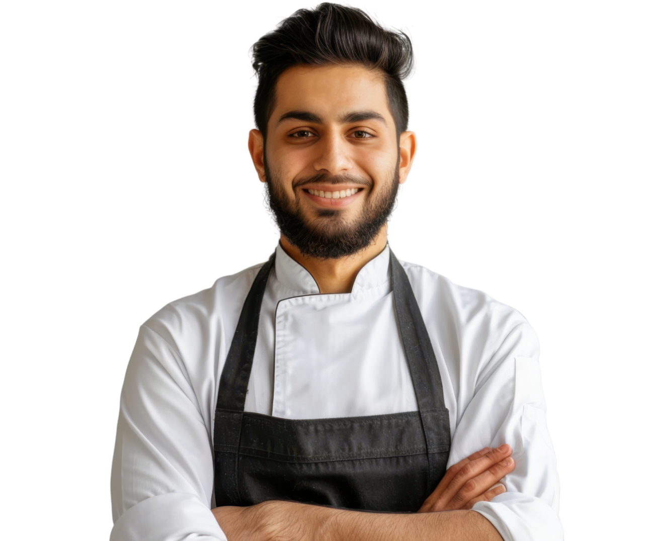 Chef avec une barbe foncée et un tablier noir, souriant avec les bras croisés sur un fond blanc.