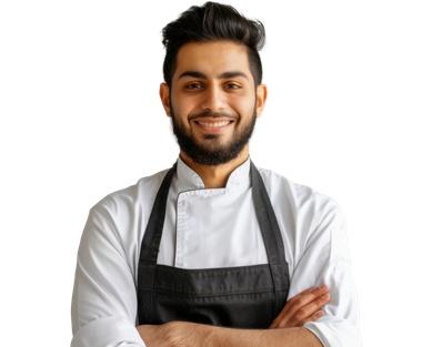 Chef avec une barbe foncée et un tablier noir, souriant avec les bras croisés sur un fond blanc.