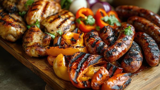 Poulet grillé, saucisses et poivrons sur un plateau en bois, prêts à servir.