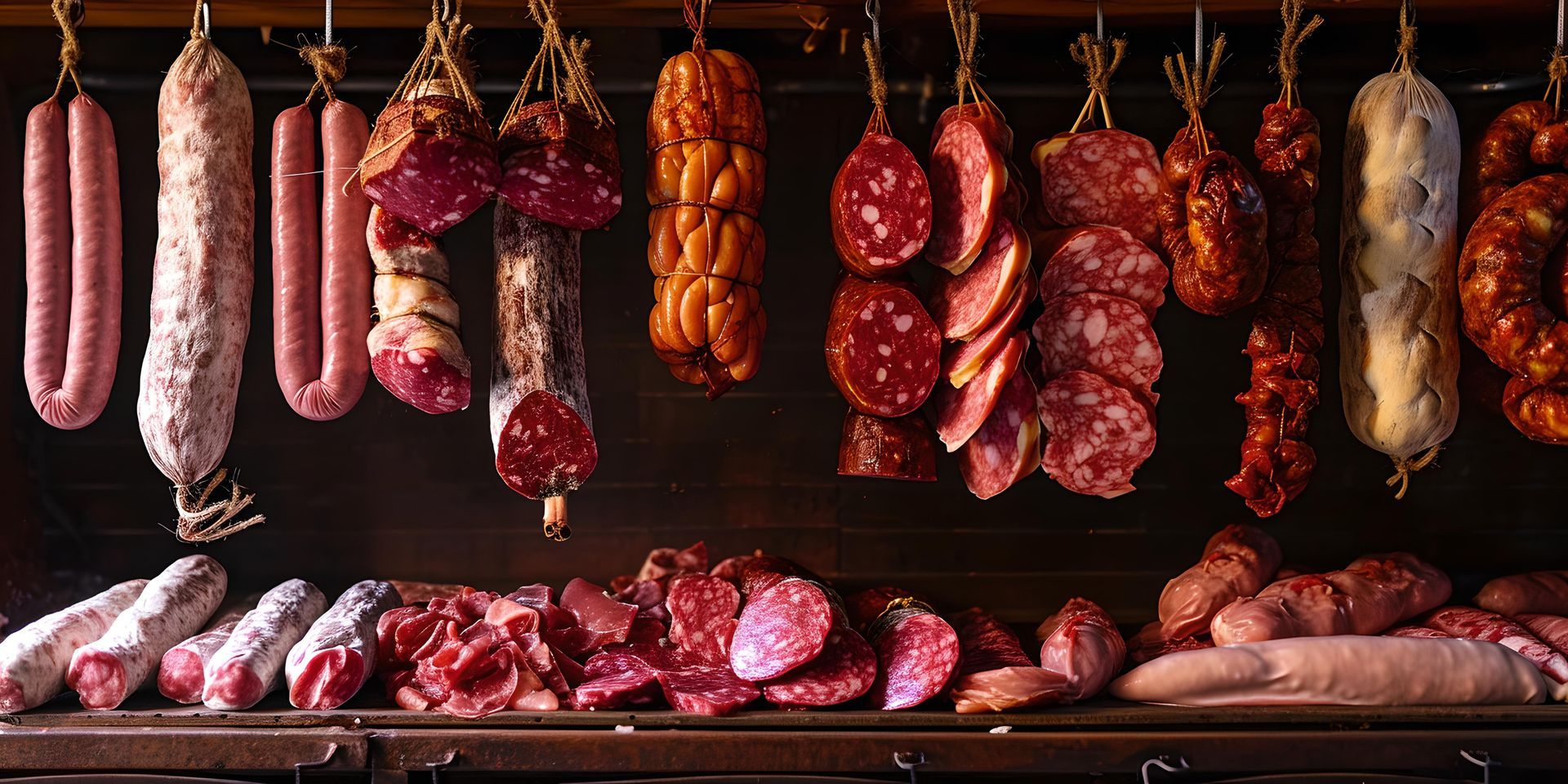 Assortiment de charcuteries suspendues dans une boucherie, notamment du salami et des saucisses.