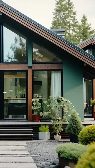 Casa moderna con amplios ventanales, molduras marrones y revestimiento verde. El paisajismo incluye arbustos, plantas en macetas y un sendero de piedra.