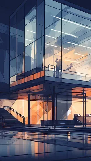 Edificio moderno de cristal al atardecer, con reflejos naranjas y azules. Siluetas de personas en un balcón.