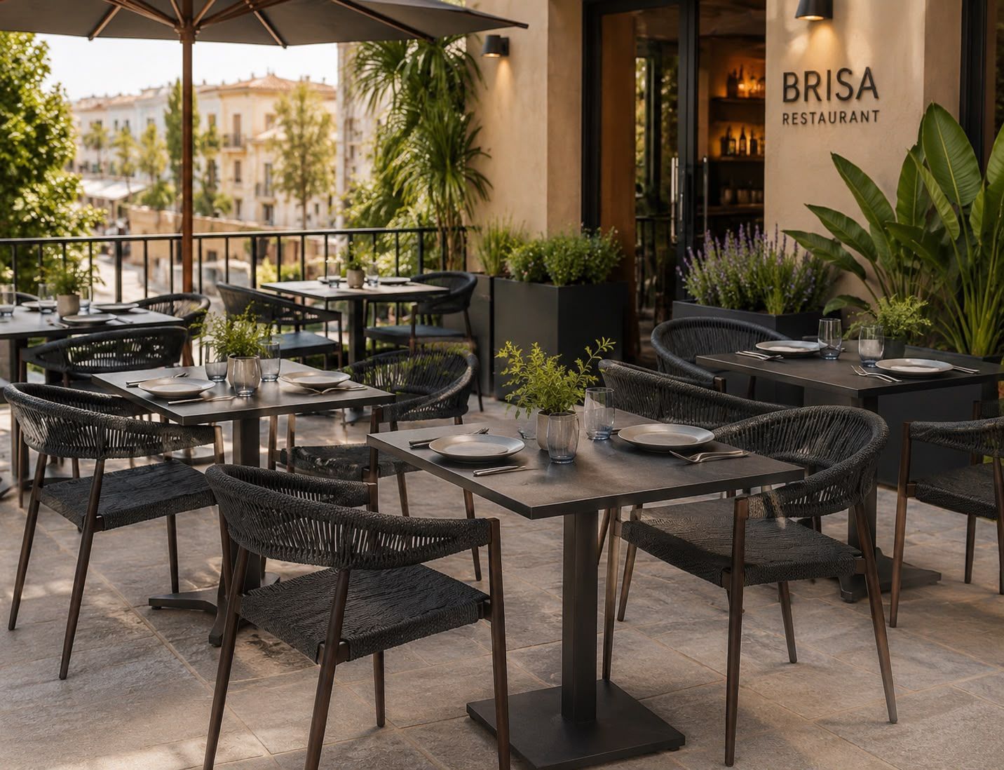 Un restaurante con mesas y sillas y un suelo hexagonal.