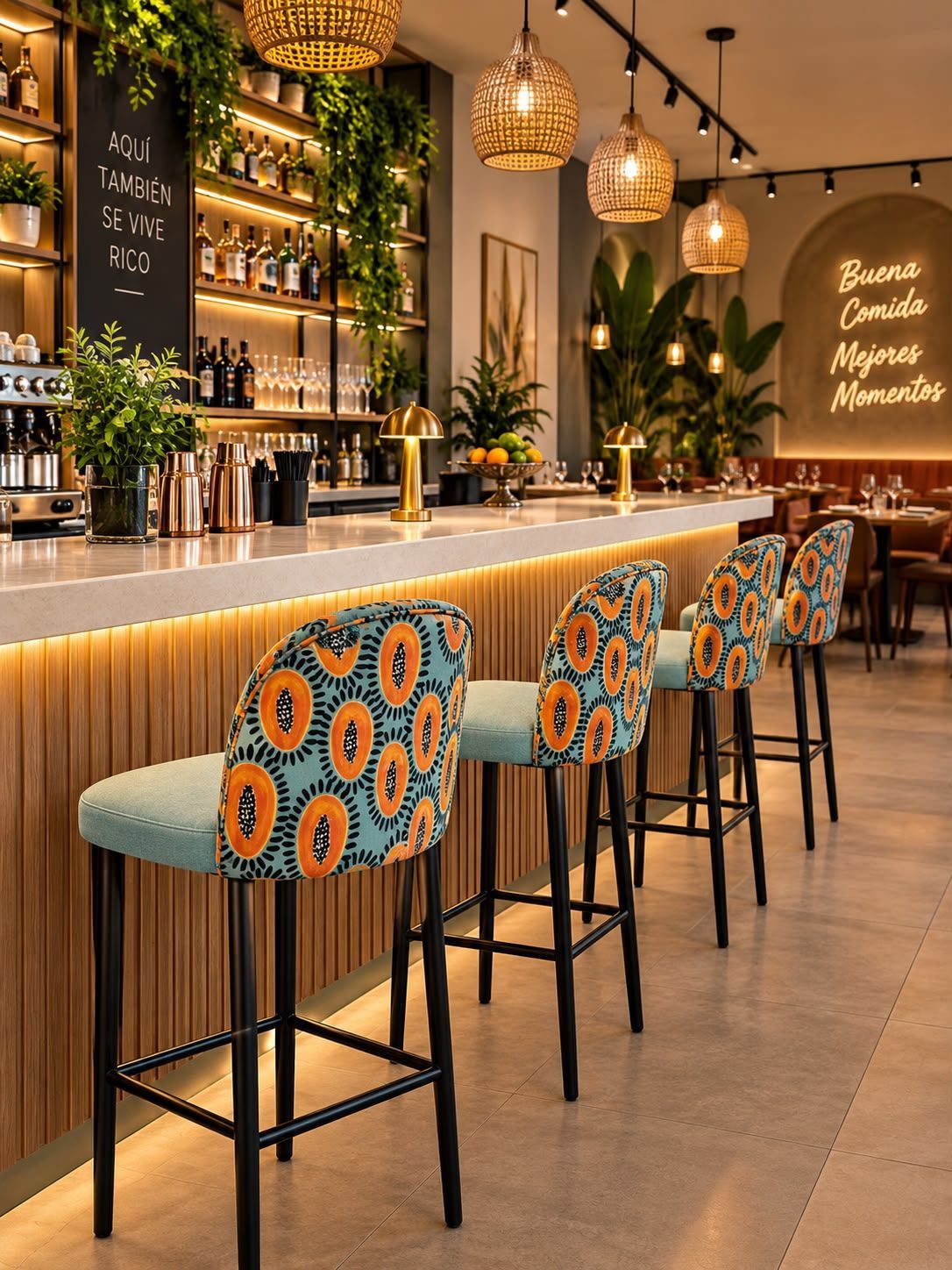Un restaurante lleno de mesas y taburetes de madera.