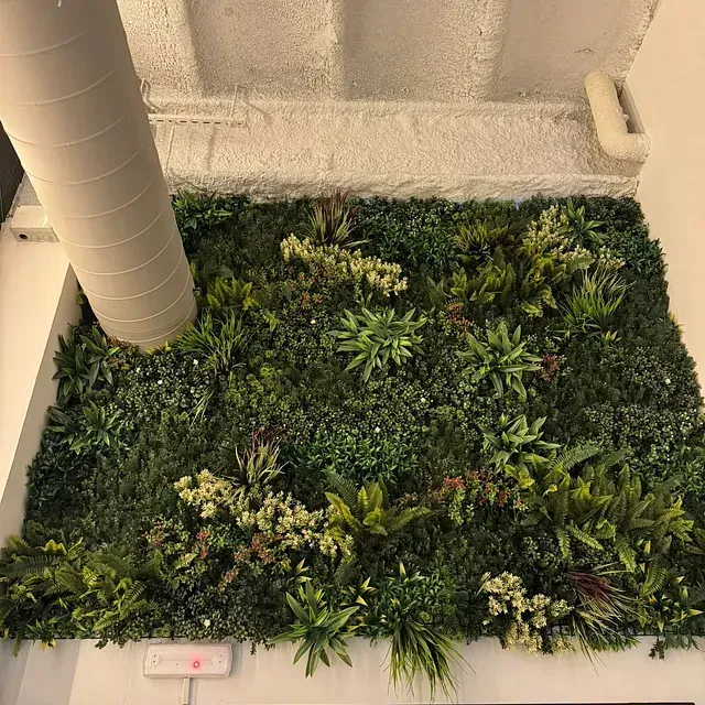 Una gran pared verde con muchas plantas creciendo en ella.