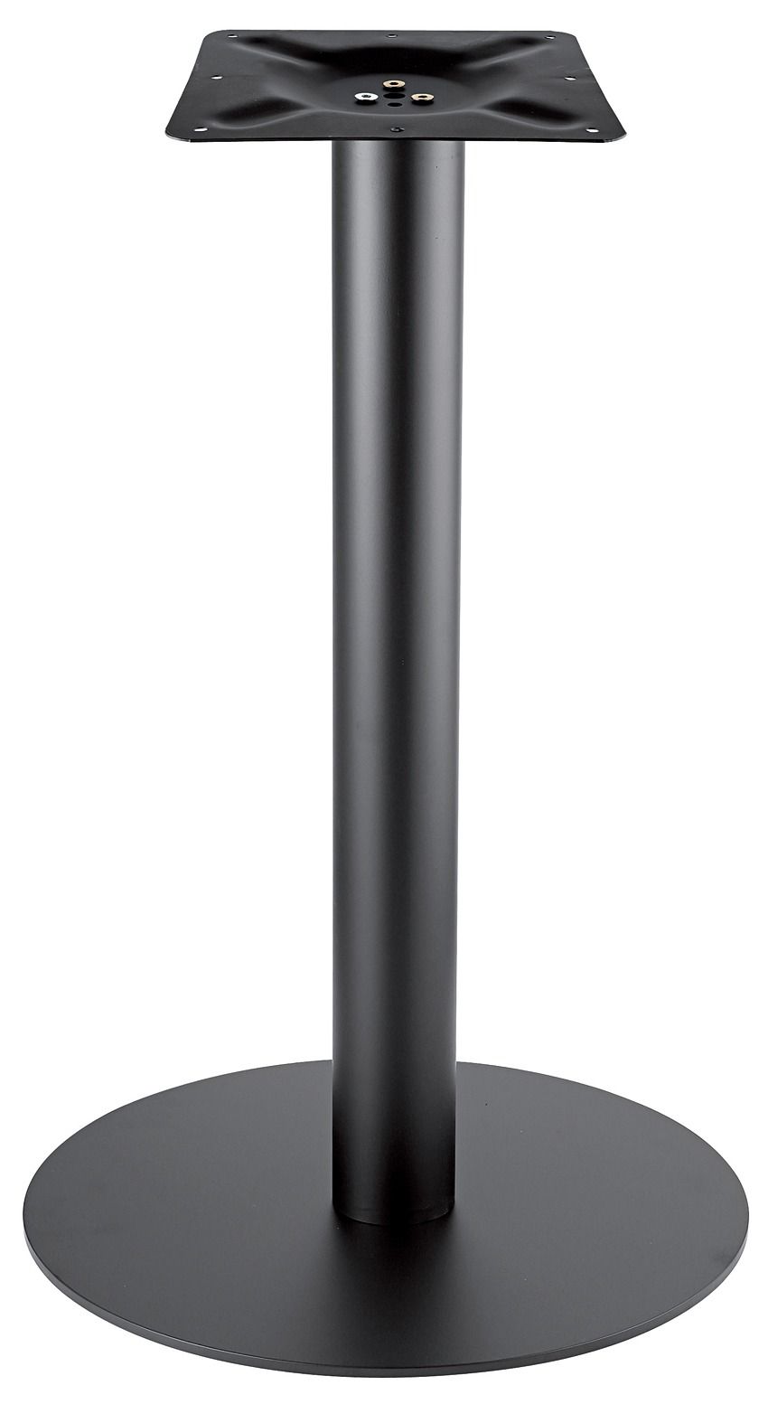 Una base de mesa negra con una base redonda sobre un fondo blanco.