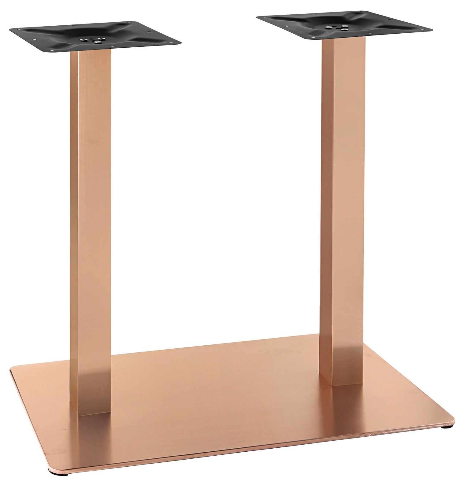 Una base de mesa de cobre con dos pilares sobre un fondo blanco.