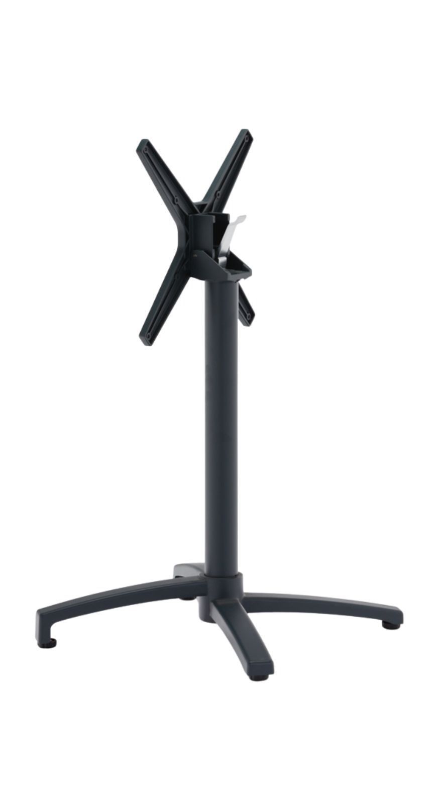 Una base de mesa negra con una cruz sobre un fondo blanco.