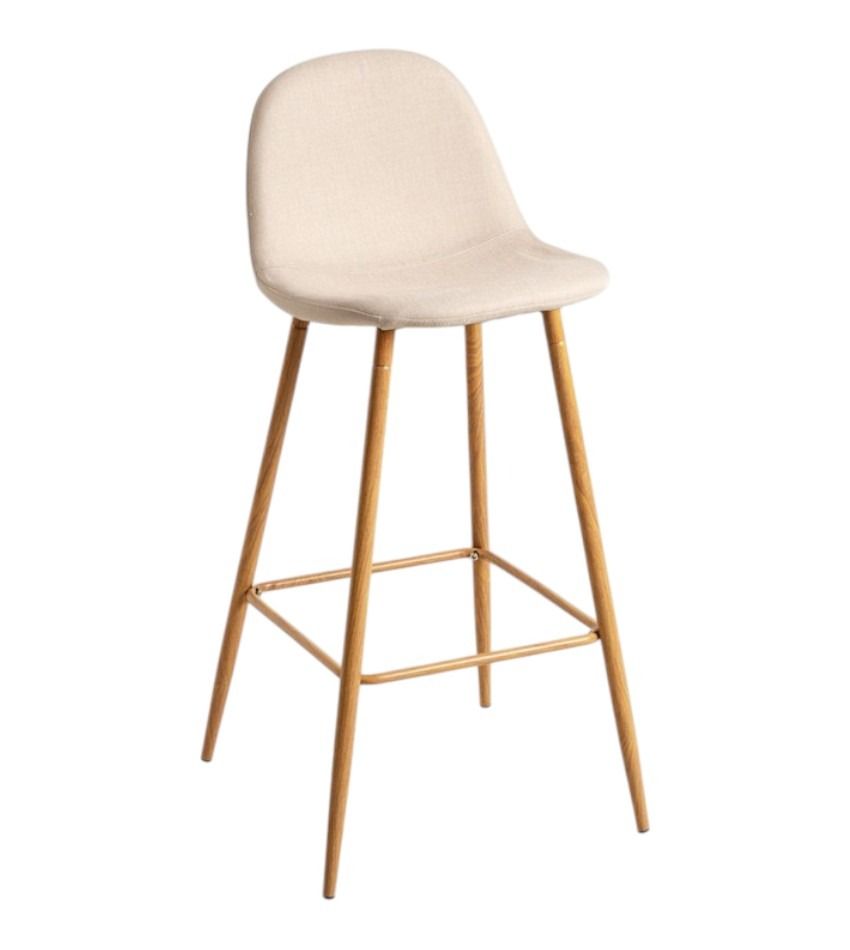 Un taburete de bar gris con patas de madera sobre un fondo blanco.