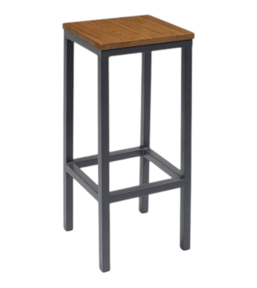 Un taburete de bar con tapa de madera y estructura de metal.