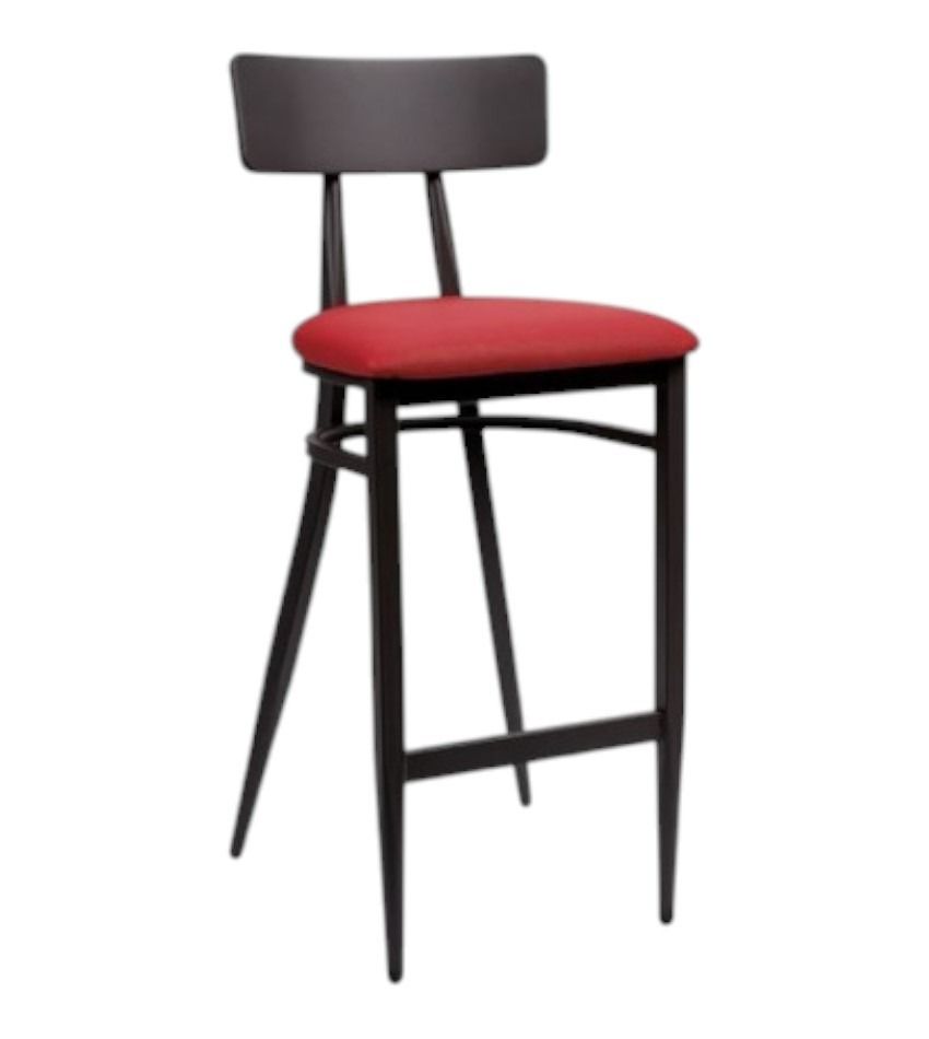 Un taburete de bar con asiento y respaldo rojos.