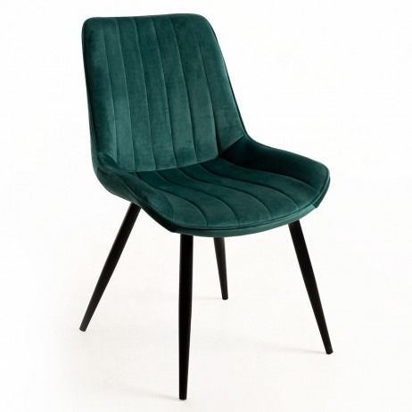 Una silla amarilla con patas negras sobre un fondo blanco.