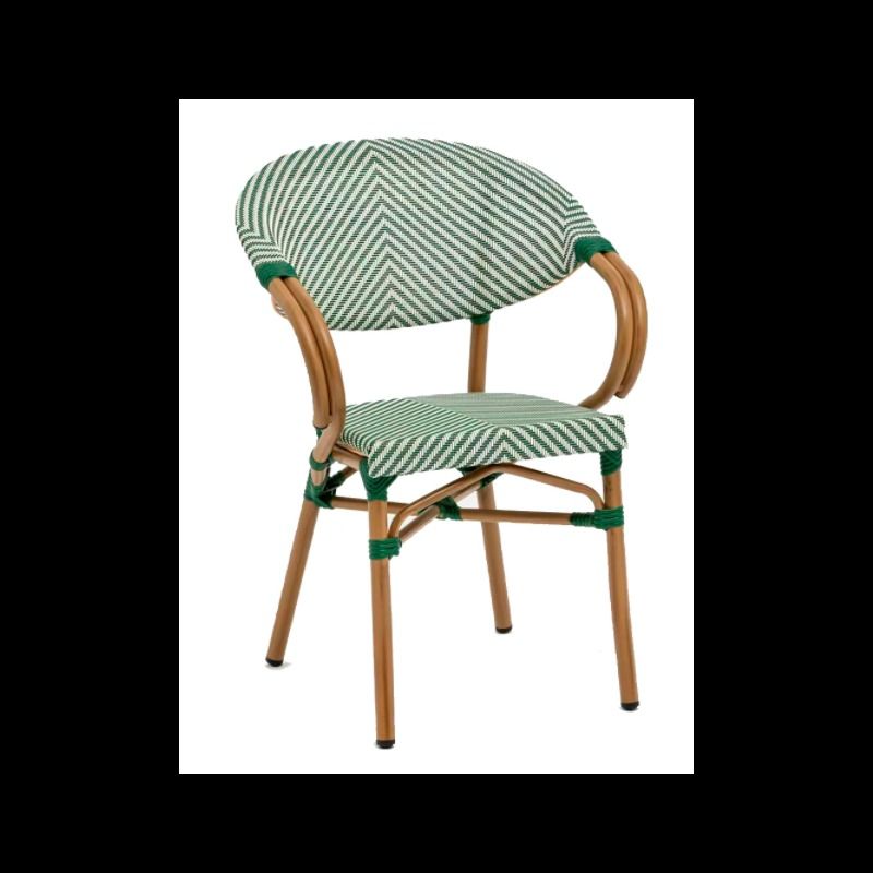 Una silla de rayas rojas y blancas con estructura de madera.