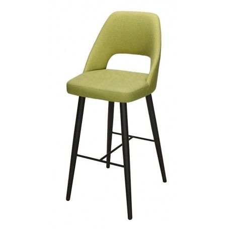 Un taburete de bar gris con patas negras sobre un fondo blanco.