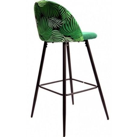 Un taburete de bar verde con patas negras sobre un fondo blanco.