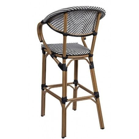 Un taburete de bar de rayas blancas y negras con estructura de madera.