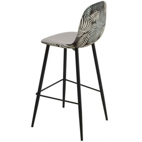 Un taburete de bar gris con patas negras sobre un fondo blanco.