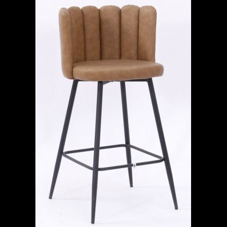 Un taburete de bar amarillo con patas negras sobre un fondo blanco.