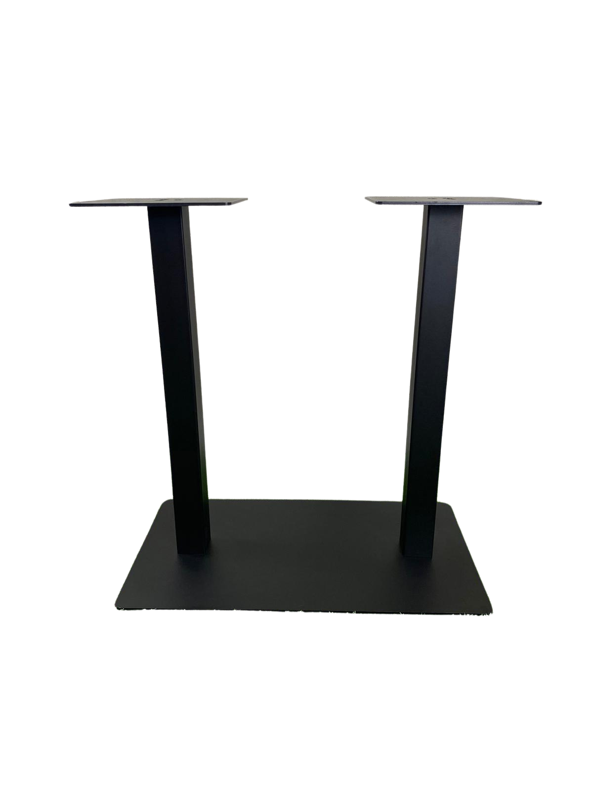 Una base de mesa de metal negro con dos patas sobre un fondo blanco.