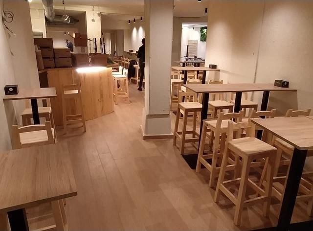 Un restaurante lleno de mesas y taburetes de madera.