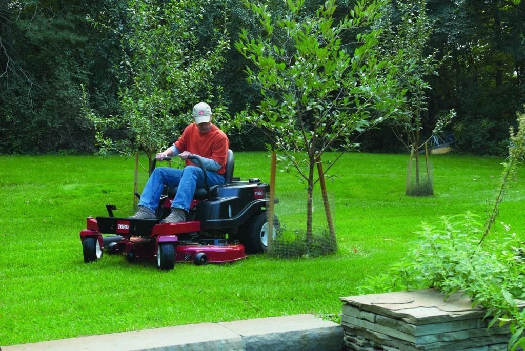 Homme passant la tondeuse autoportée entre deux arbres