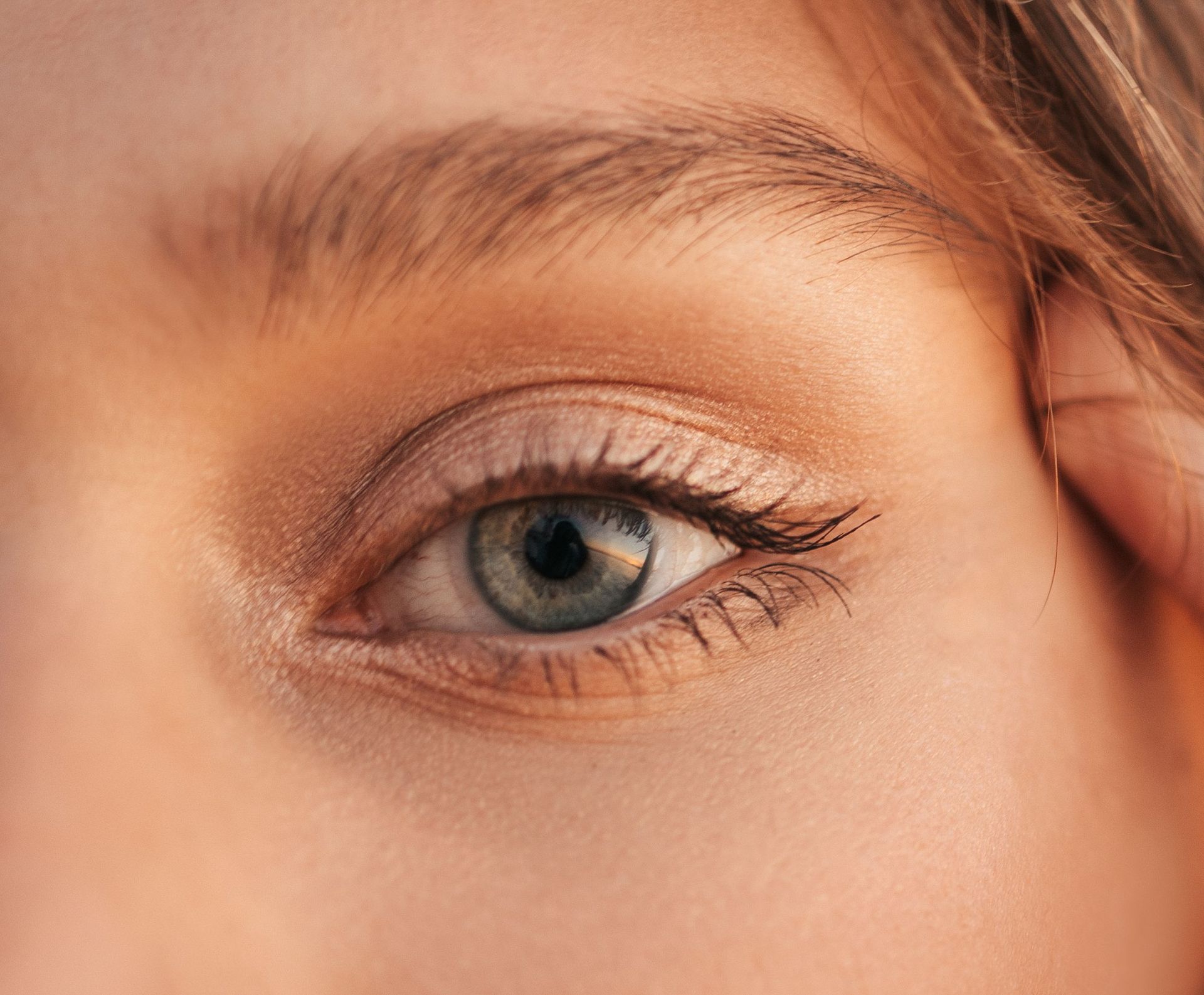 Gros plan sur un œil bleu maquillé naturellement et avec des sourcils.