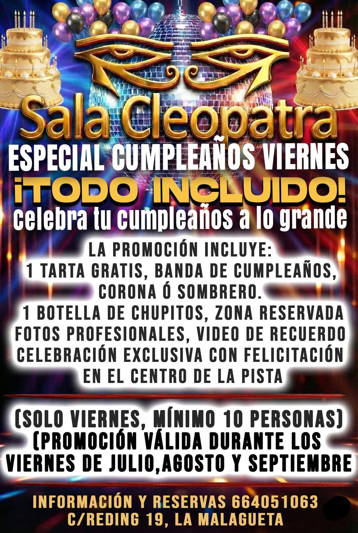 Cartel de la gran fiesta de blanco de la Sala Cleopatra con artistas, 10 de junio de 2026, entrada gratuita y música de DJ.