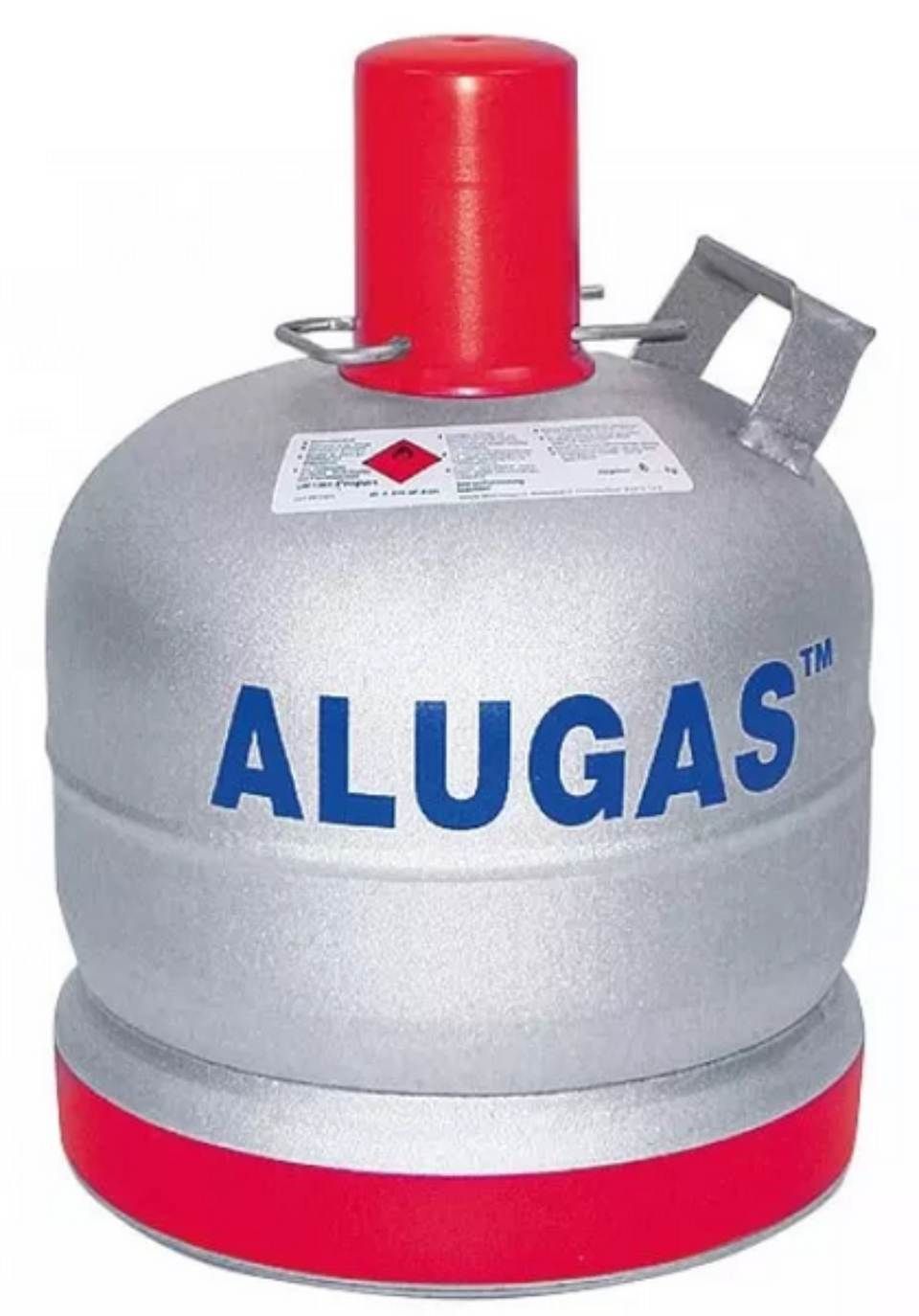eine graue alugas-Flasche mit einem roten Deckel