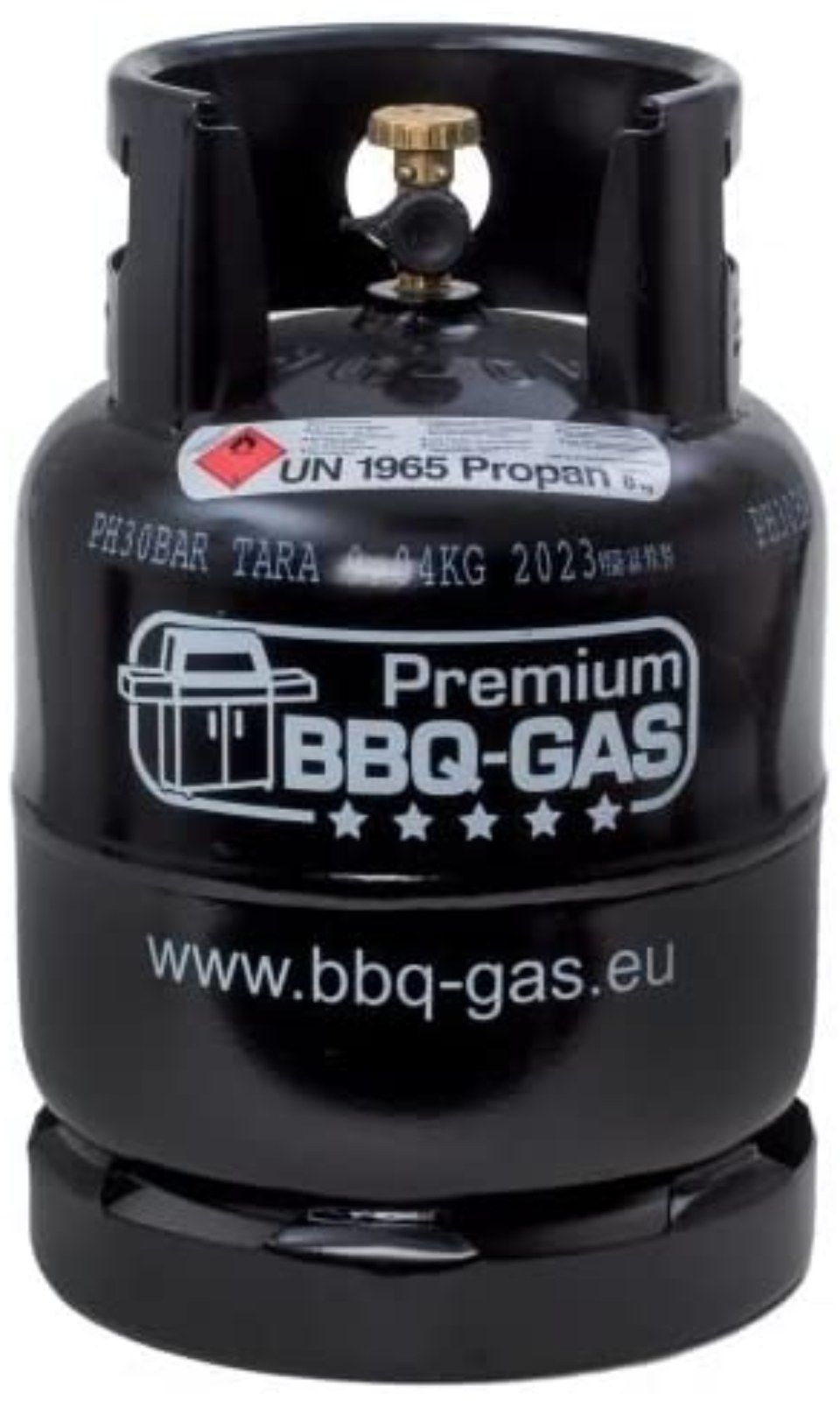 8 kg BBQ-Flasche, ein schwarzer Gasbehälter mit der Aufschrift Premium bbq-gas .