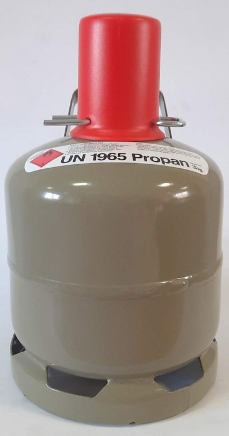 3 kg Nutzungsflasche, eine graue Gasflasche mit einem roten Deckel .